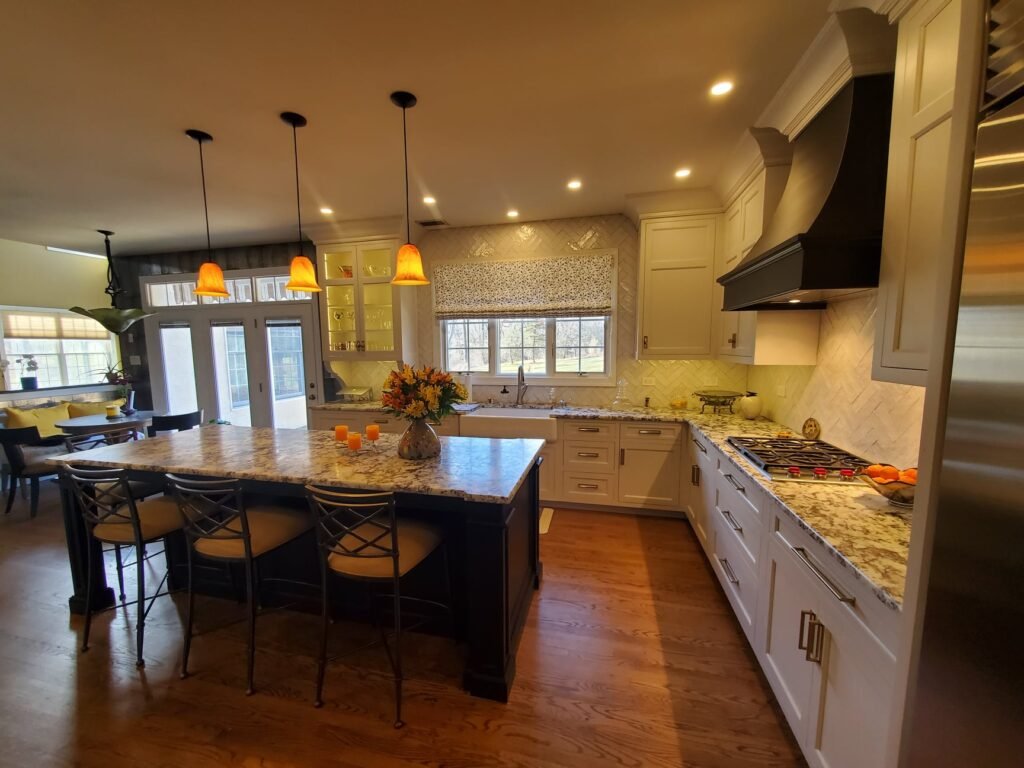Modern classic kitchen in Bucks County, Pennsylvania with stainless steel appliances and granite island.