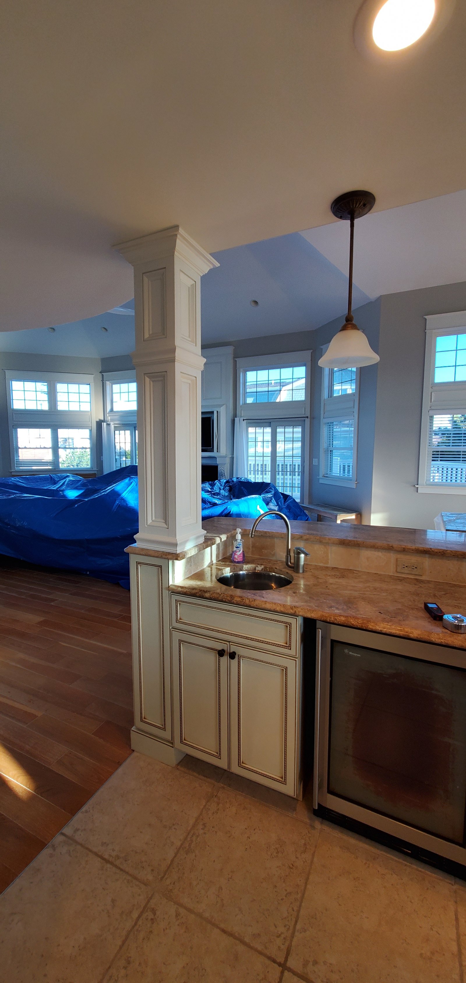 Custom kitchen island in white coastal kitchen, Avalon NJ project