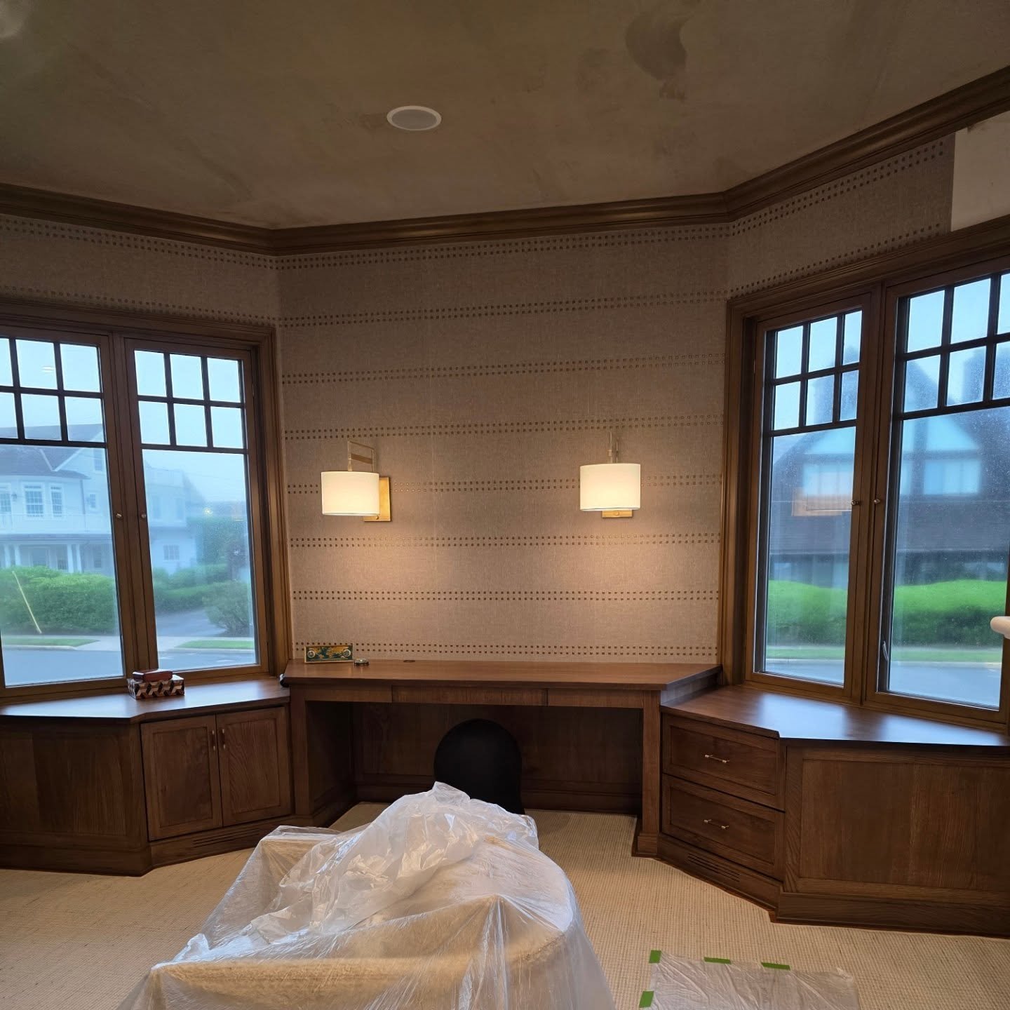 White oak built-in desk at a bay window, custom home office Pennsylvania
