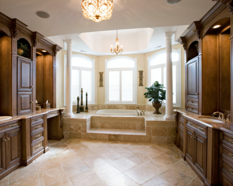 Traditional master bathroom with custom cherry wood vanities, marble tile, and columns by Choice Custom Cabinetry & Design in Pennsylvania.