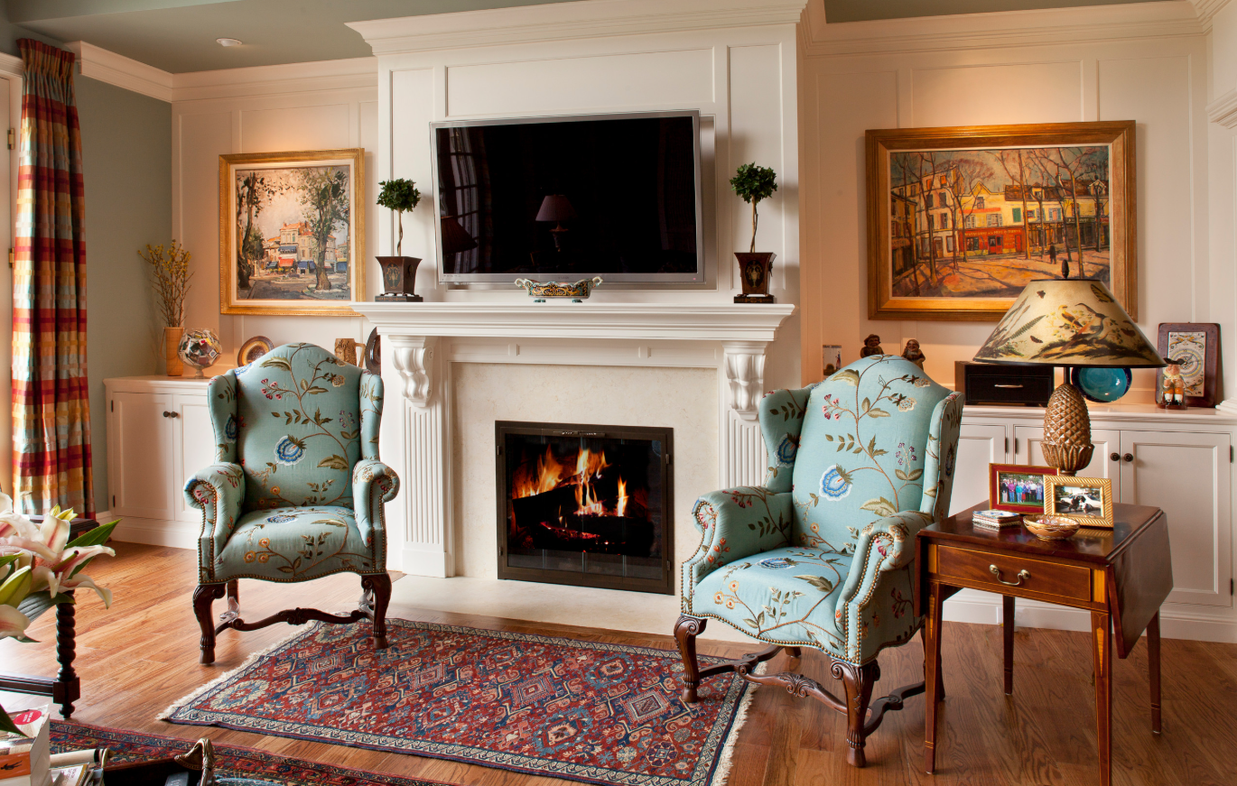 Traditional family room fireplace with custom paneling, Philadelphia