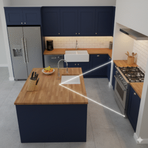 kitchen layout diagram showing work triangle between sink, stove, and refrigerator