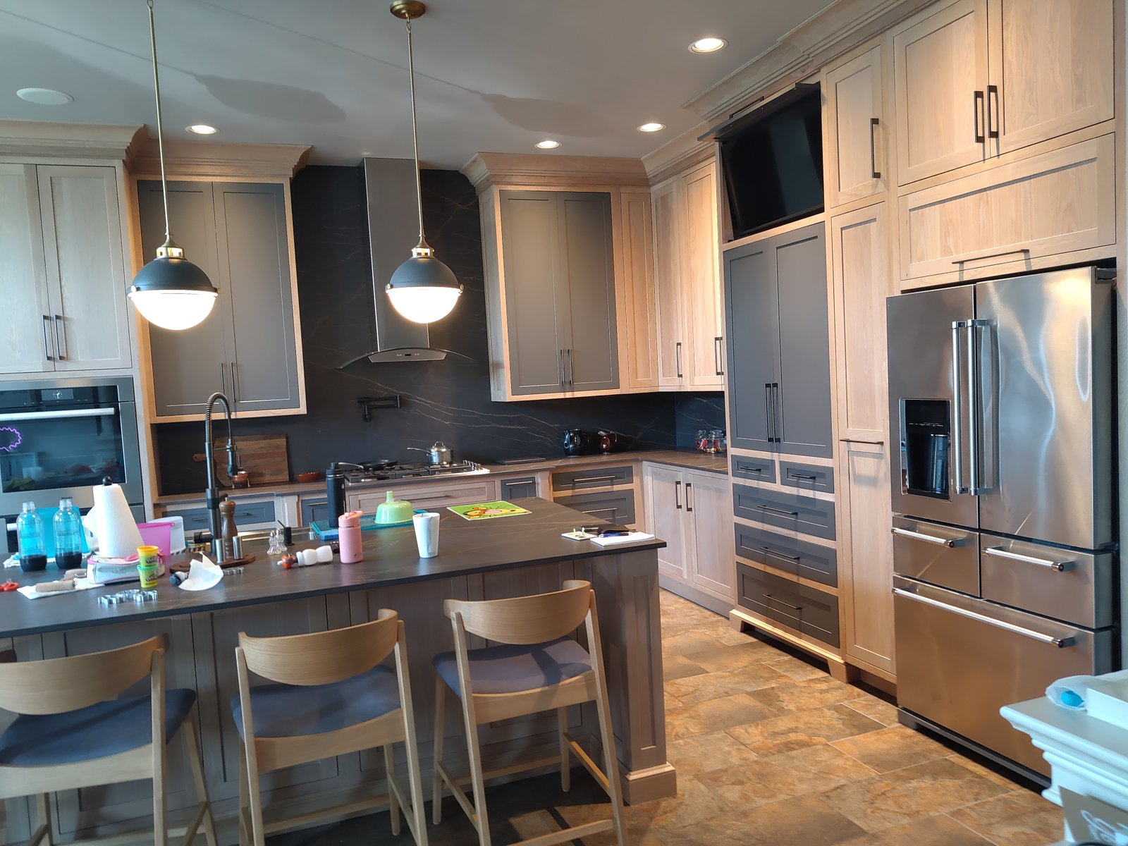 Natural wood and paint two tone custom kitchen detail