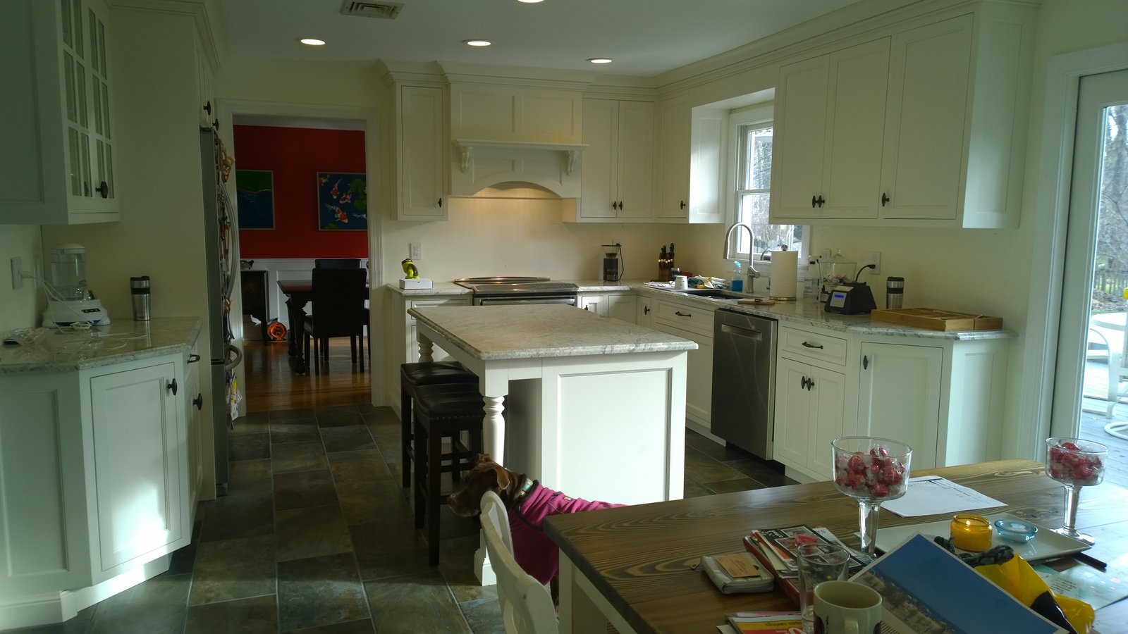 Custom white kitchen cabinets with glass uppers, Montgomery County PA style