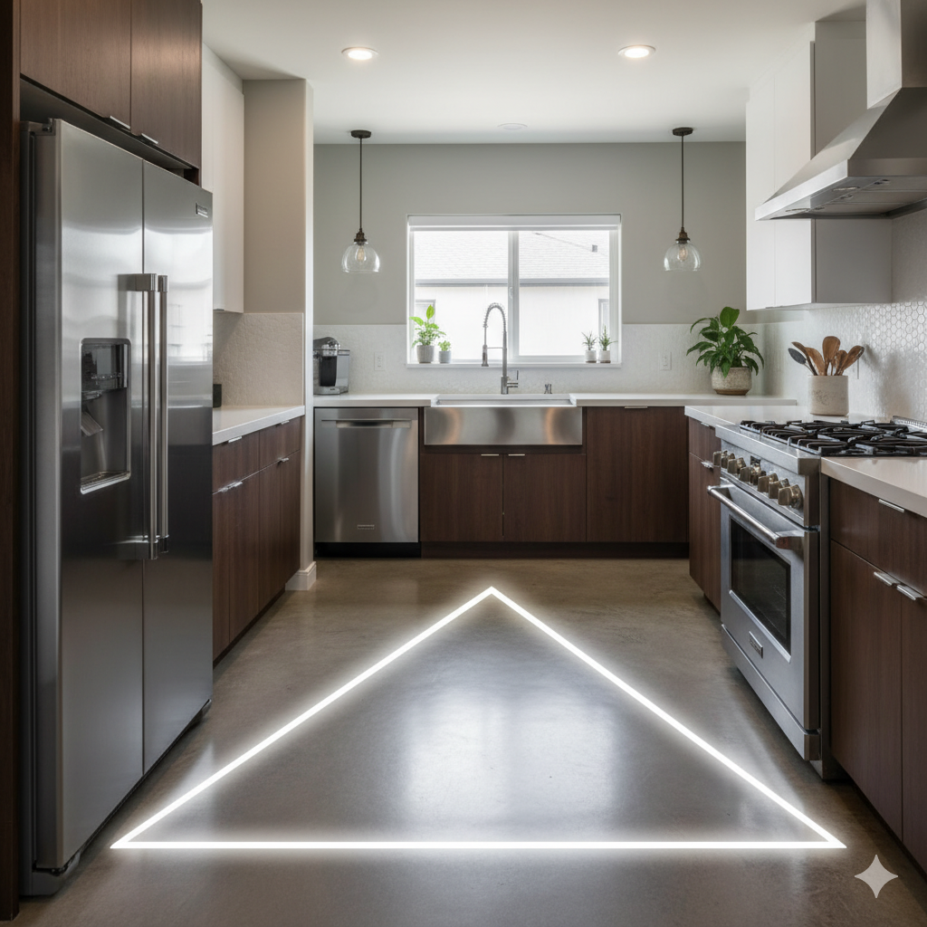 kitchen layout diagram showing work triangle between sink, stove, and refrigerator