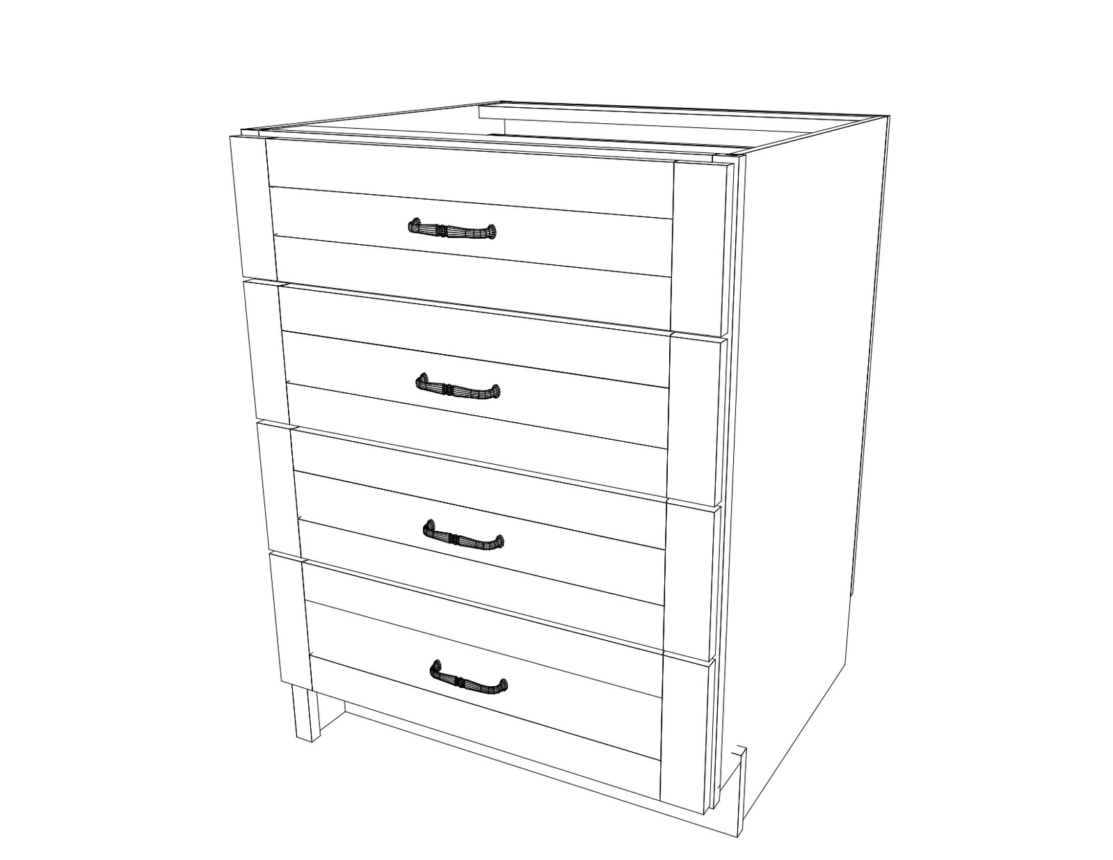 Semi-custom 4-drawer base cabinet, solid wood construction, painted white